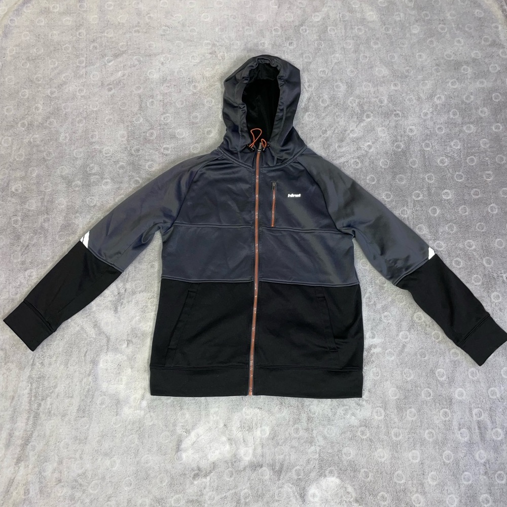 Hind Mens Small ZIP Jacket With Hood Gray/Black With Orange Zippers